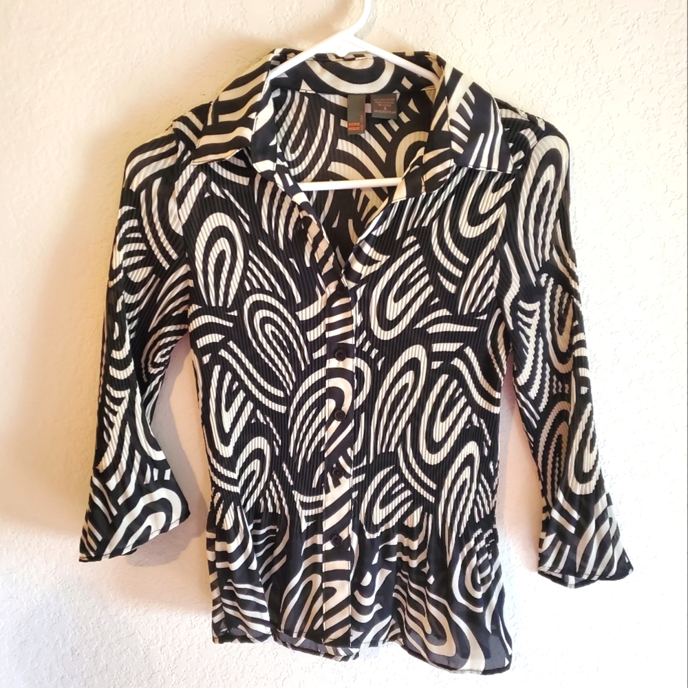 Serenade New York, Pleated Blouse, Black and White, Size S